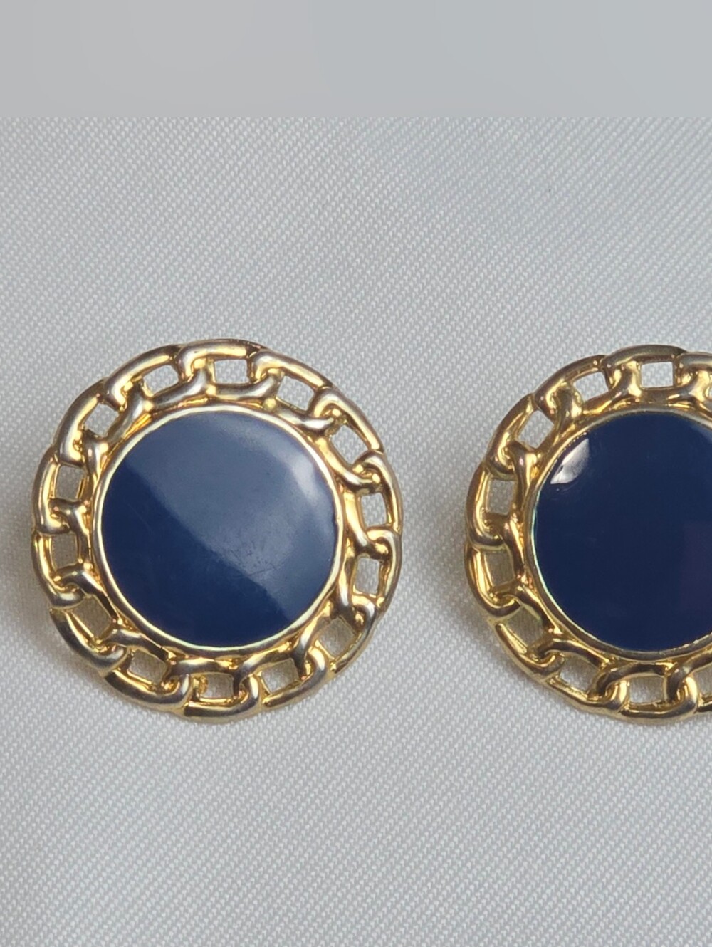 Gold Tone Navy Link Button Enameled Vintage Postback Earrings 80s 90s